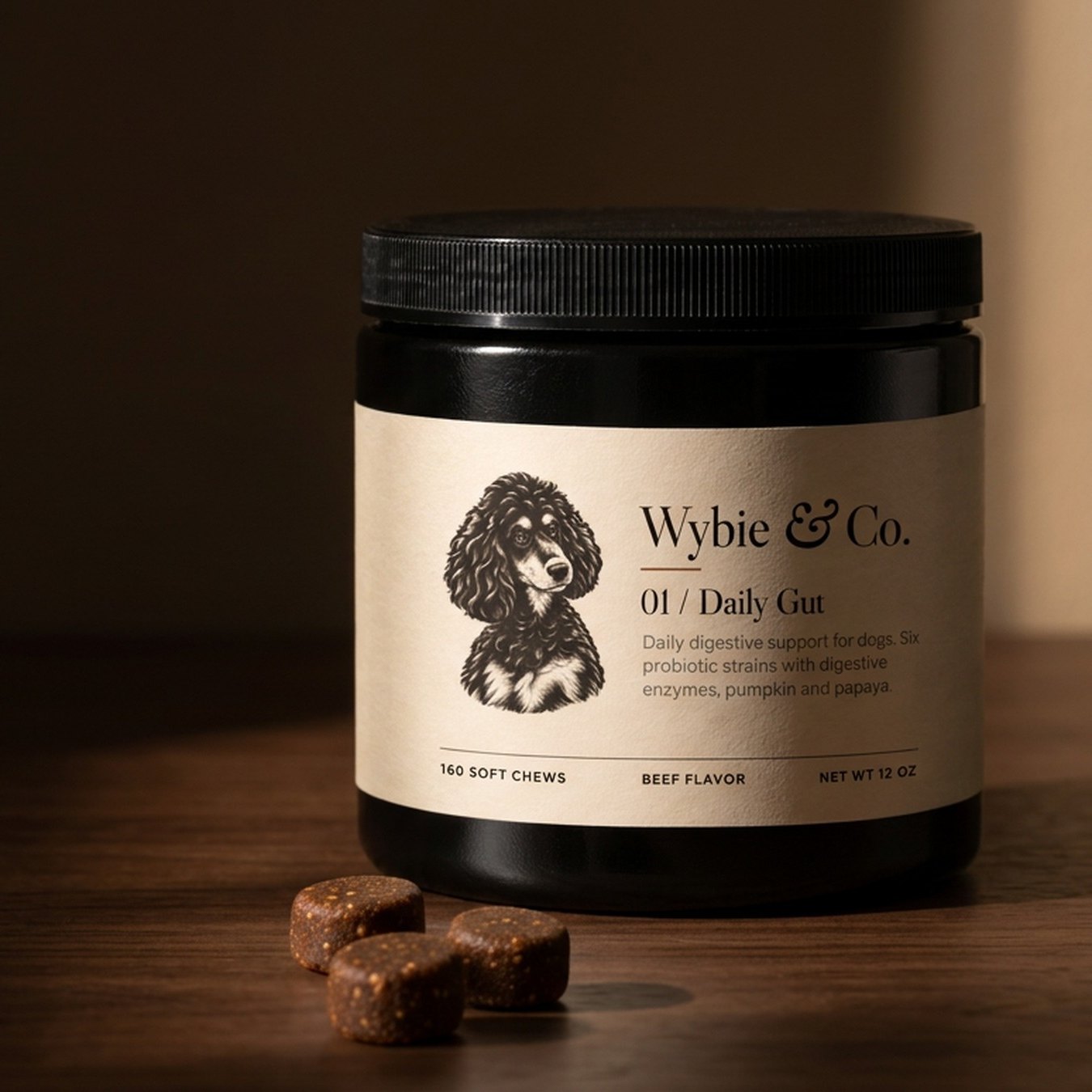 Daily Gut soft chews jar with three chews beside it on a dark wooden table